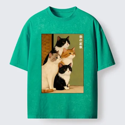 Magmoo Funny Japanese Cat Family Portrait Washed T-Shirt
