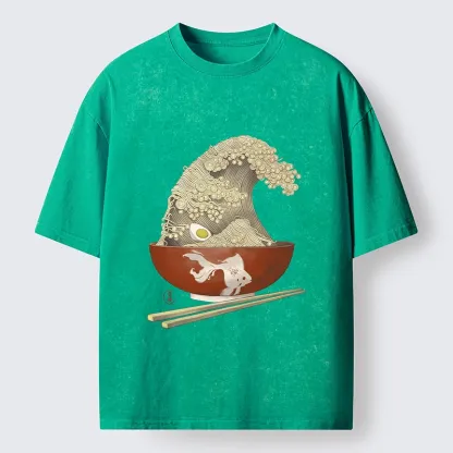 Magmoo Kanagawa Noodle Wave Food Art Washed T-Shirt