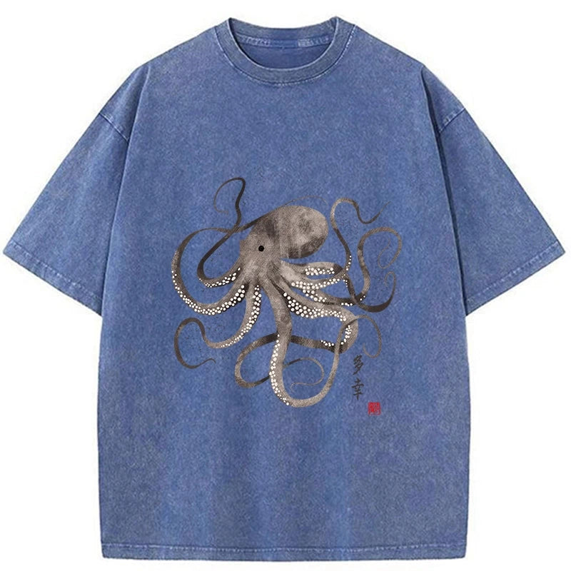 Magmoo Octopus Japanese Calligraphy Washed T-Shirt
