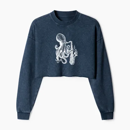 Magmoo Octopus Playing Saxophone Washed Crop Sweatshirt