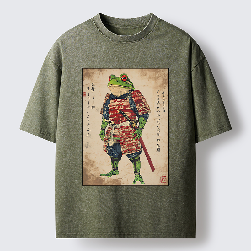 Magmoo Retro Frog Samurai Portrait Washed T-Shirt
