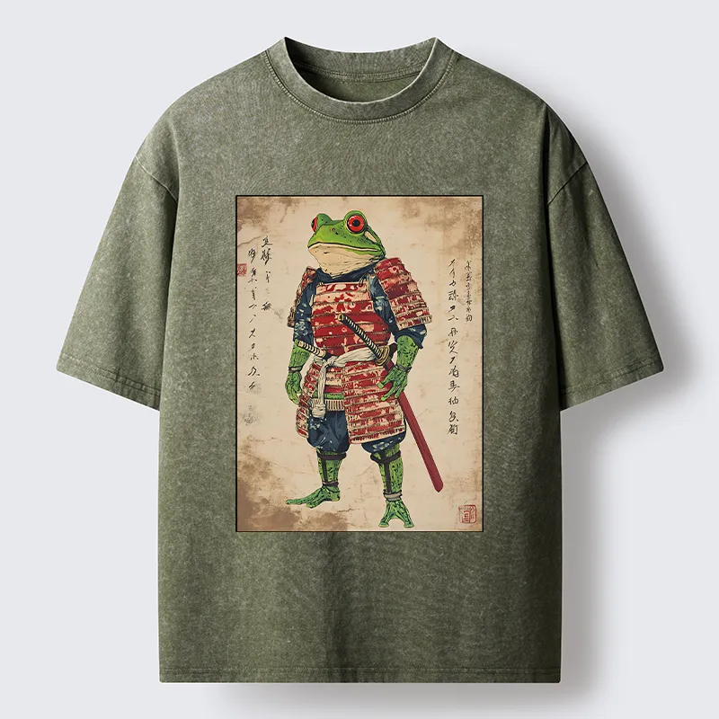 Magmoo Retro Frog Samurai Portrait Washed T-Shirt