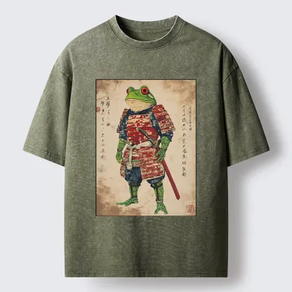 Magmoo Retro Frog Samurai Portrait Washed T-Shirt