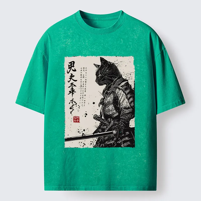 Magmoo Japanese Samurai Cat Funny Washed T-Shirt