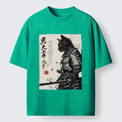 Magmoo Japanese Samurai Cat Funny Washed T-Shirt