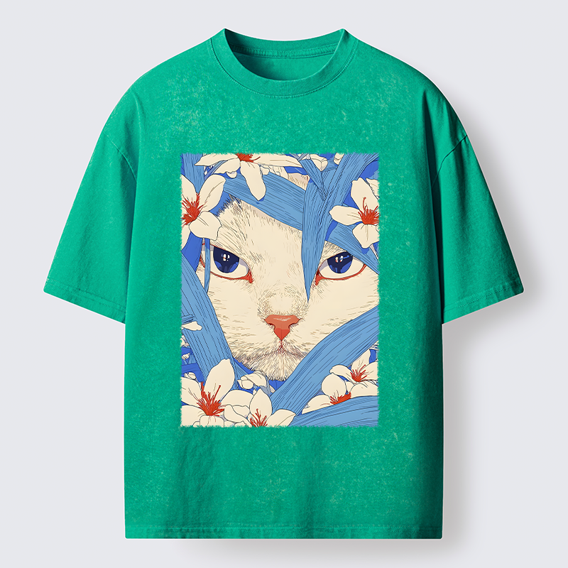 Magmoo Cat In The Grass Washed T-Shirt-Magmoo