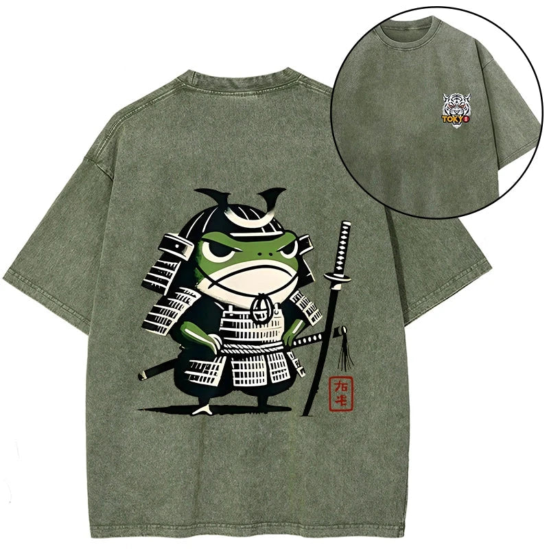 Magmoo Frog Samurai Japan Front Back Washed T-Shirt