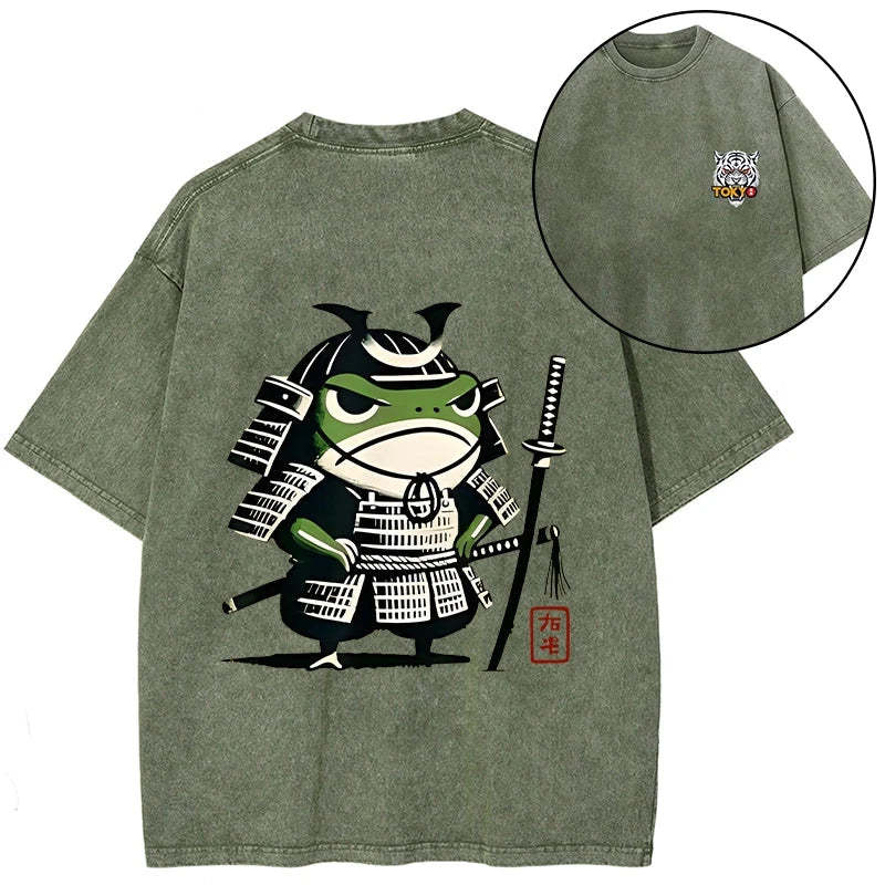 Magmoo Frog Samurai Japan Front Back Washed T-Shirt
