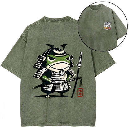 Magmoo Frog Samurai Japan Front Back Washed T-Shirt