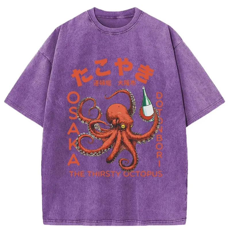 Magmoo Octopus Drinks Soju Washed T-Shirt
