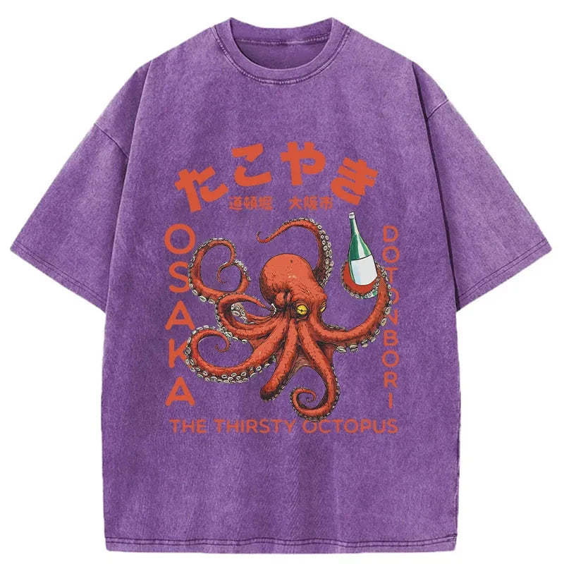 Magmoo Octopus Drinks Soju Washed T-Shirt