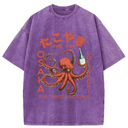 Magmoo Octopus Drinks Soju Washed T-Shirt