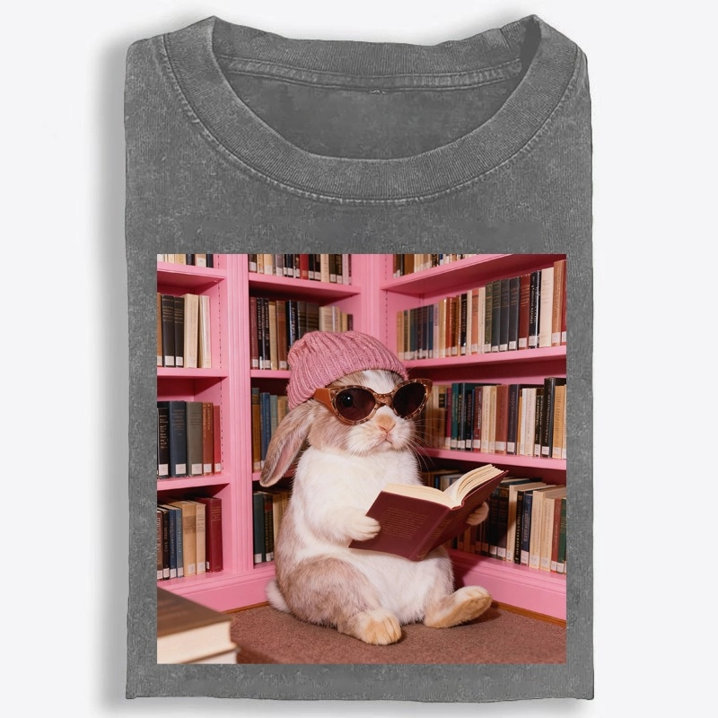 Bunny Bookish Rabbit Retro Washed T-Shirt