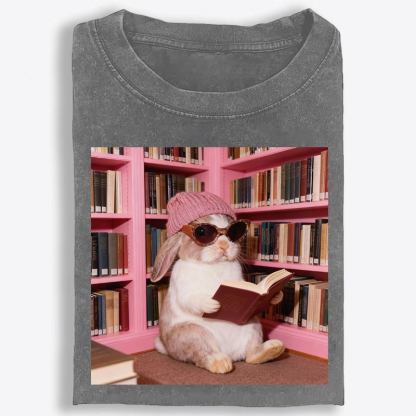 Bunny Bookish Rabbit Retro Washed T-Shirt