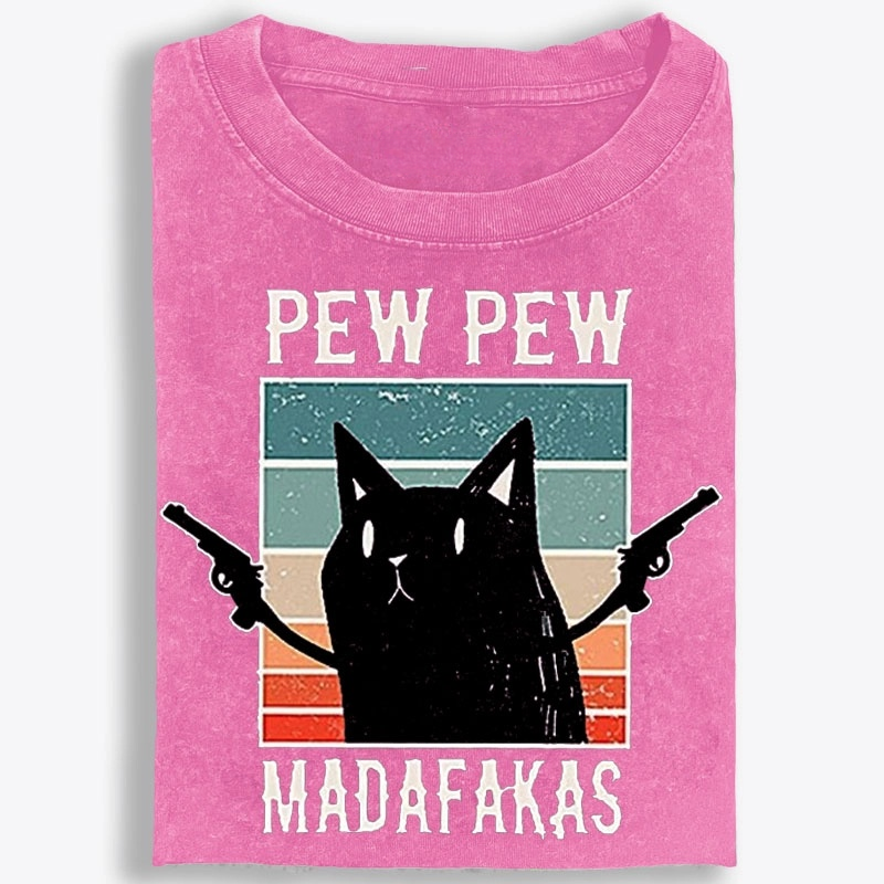 Pew Pew Madafakas Black Cat Retro Washed T-Shirt