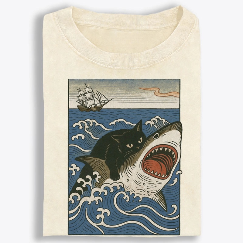 Ukiyo-e Cat Riding Shark Retro Washed T-Shirt