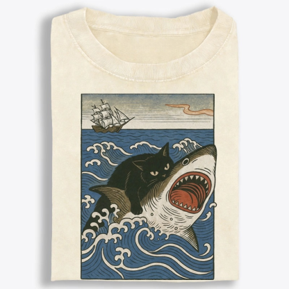 Ukiyo-e Cat Riding Shark Retro Washed T-Shirt