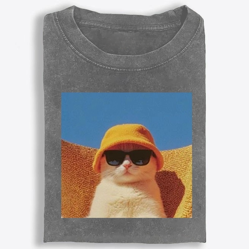 Cool Cat In Yellow Bucket Hat Streetwear Retro Washed T-Shirt