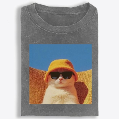 Cool Cat In Yellow Bucket Hat Streetwear Retro Washed T-Shirt