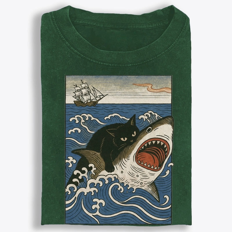Ukiyo-e Cat Riding Shark Retro Washed T-Shirt