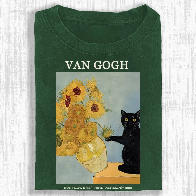 Playful Cat Meets Van Gogh Sunflowers Retro Washed T-Shirt