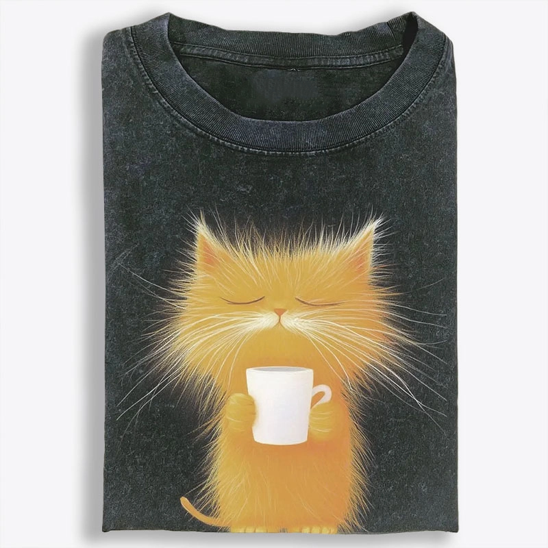Fluffy Orange Cat with Coffee Retro Washed T-Shirt