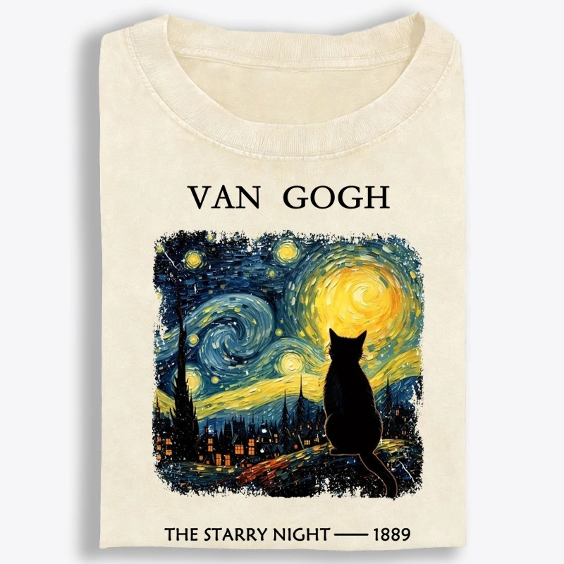 Van Gogh Starry Night Cat Retro Washed T-Shirt