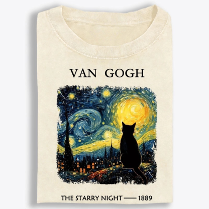 Van Gogh Starry Night Cat Retro Washed T-Shirt