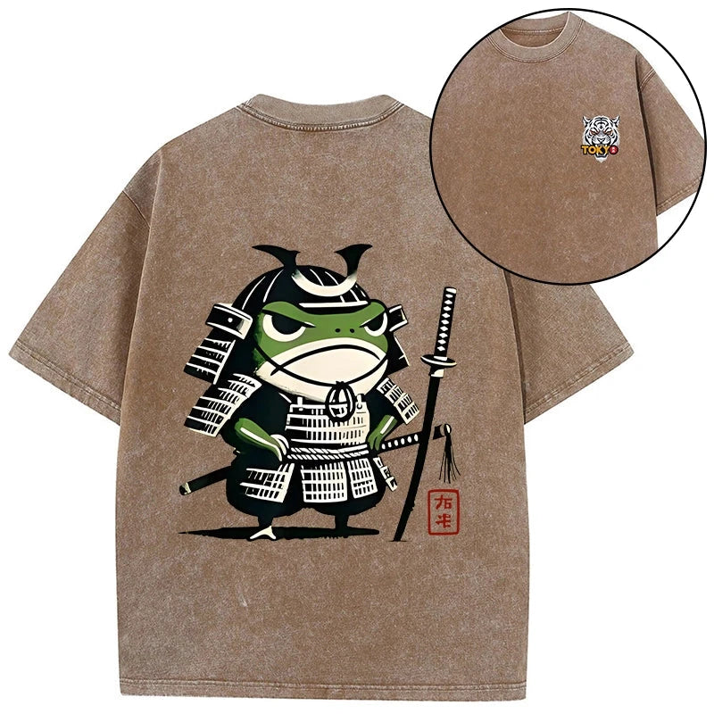 Magmoo Frog Samurai Japan Front Back Washed T-Shirt