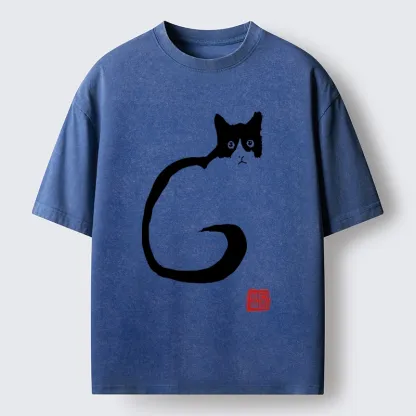 Magmoo Calm Cat in Simple Lines Washed T-Shirt-Magmoo