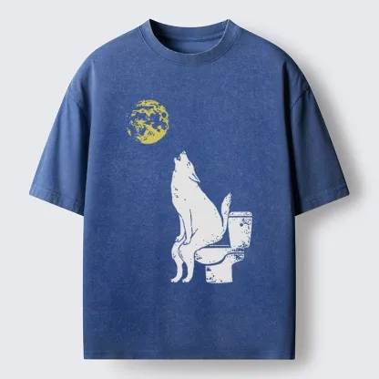 Magmoo Wolf Howling At Moon On Toilet Washed T-Shirt-Magmoo
