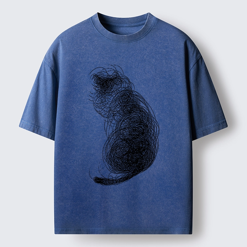 Magmoo Chaotic Line Art Of A Curled Cat Washed T-Shirt-Magmoo