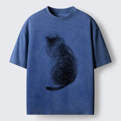 Magmoo Chaotic Line Art Of A Curled Cat Washed T-Shirt-Magmoo