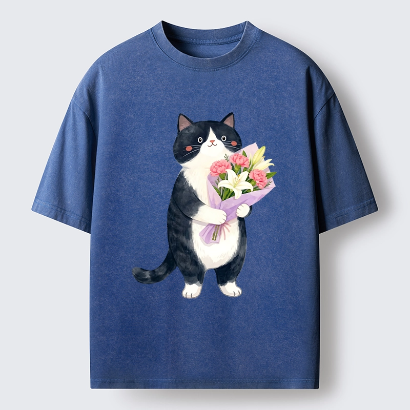 Magmoo Sweet Cat Delivers Flowers Washed T-Shirt-Magmoo