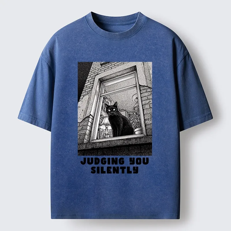 Magmoo The Judging Black Cat Washed T-Shirt-Magmoo