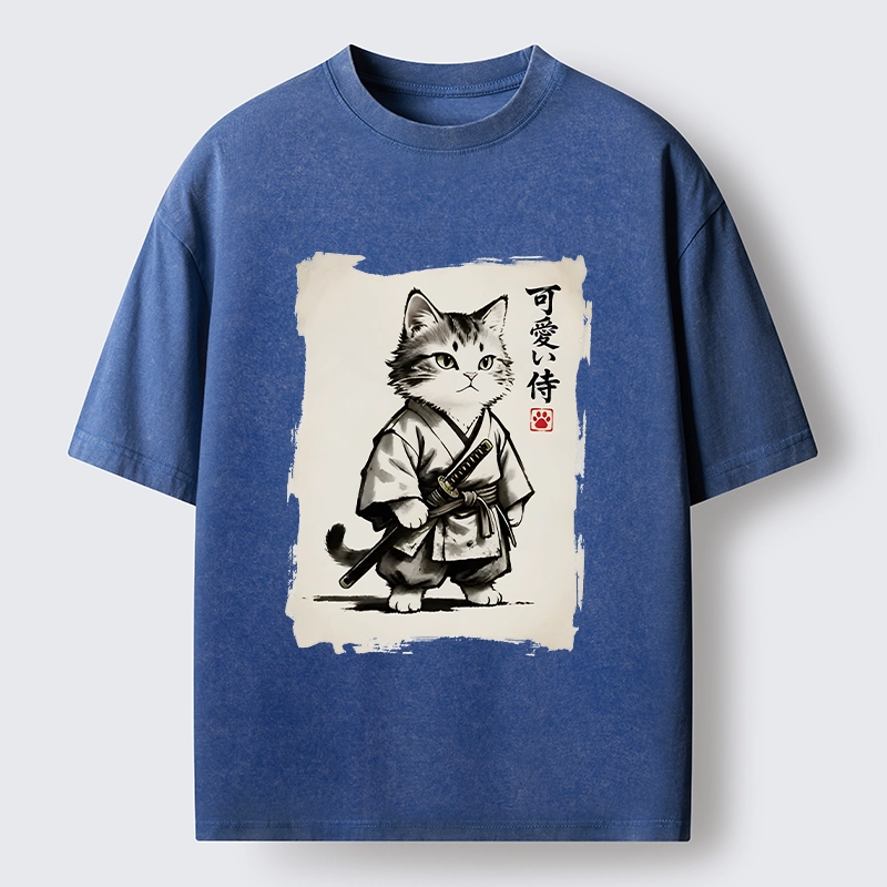 Magmoo Japanese Samurai Cat Illustration Washed T-Shirt