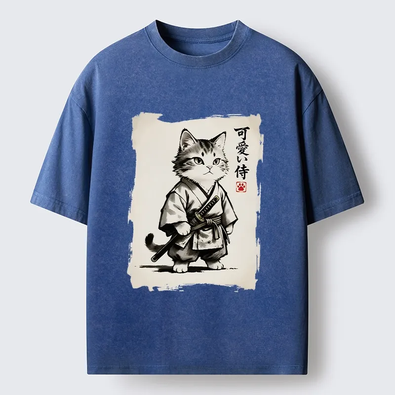 Magmoo Japanese Samurai Cat Illustration Washed T-Shirt
