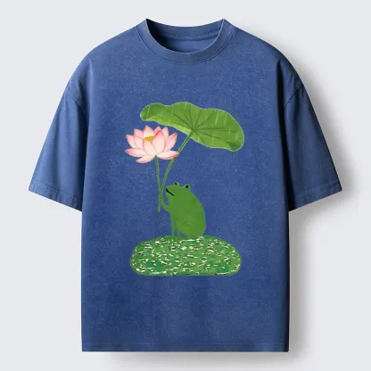 Magmoo Frog With Lotus Umbrella Meme Washed T-Shirt