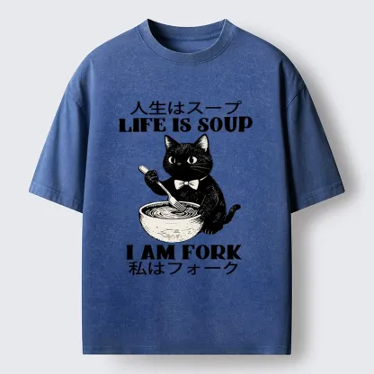 Magmoo Life Is Soup Cat Humor Meme Washed T-Shirt-Magmoo
