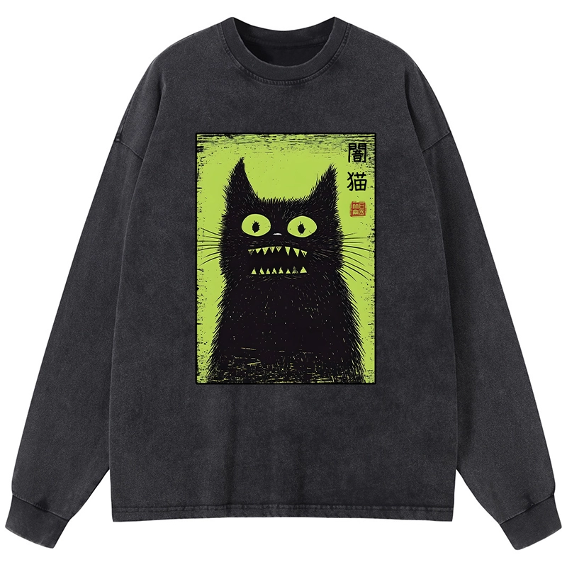 Magmoo Spooky Black Cat Japanese Washed Long Sleeve T-Shirt-Magmoo