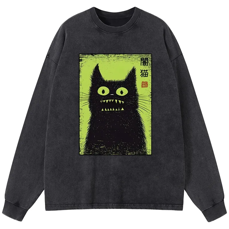 Magmoo Spooky Black Cat Japanese Washed Long Sleeve T-Shirt-Magmoo
