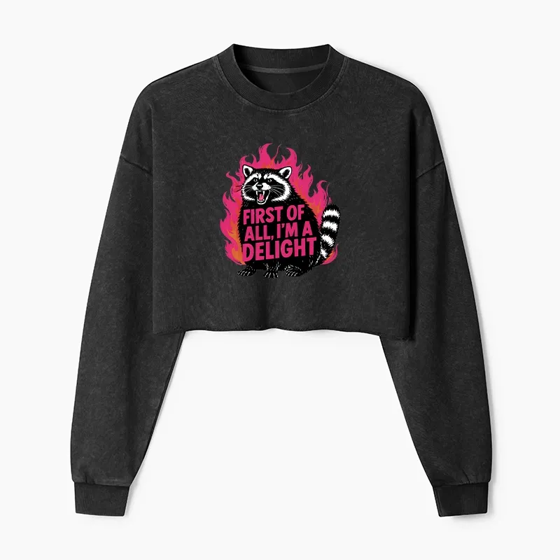 Magmoo Angry Raccoon Funny Washed Crop Sweatshirt