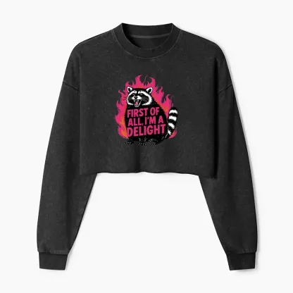 Magmoo Angry Raccoon Funny Washed Crop Sweatshirt