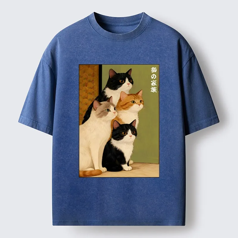 Magmoo Funny Japanese Cat Family Portrait Washed T-Shirt
