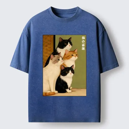 Magmoo Funny Japanese Cat Family Portrait Washed T-Shirt