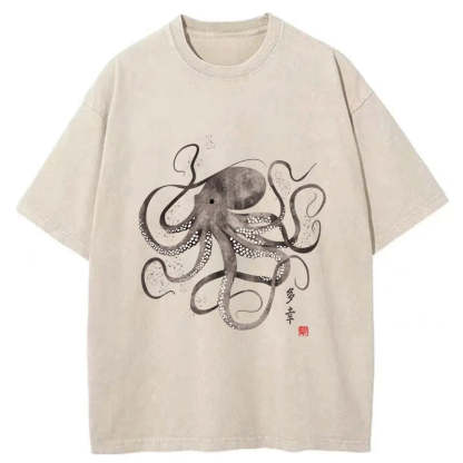 Magmoo Octopus Japanese Calligraphy Washed T-Shirt
