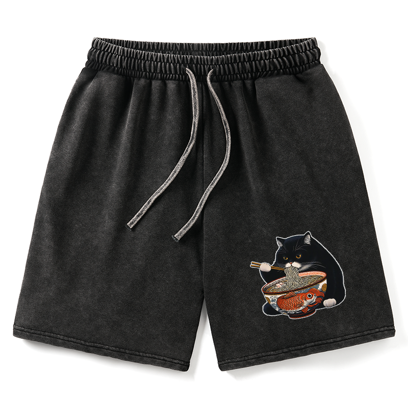 Magmoo Fat Cat Eating Ramen Washed Shorts