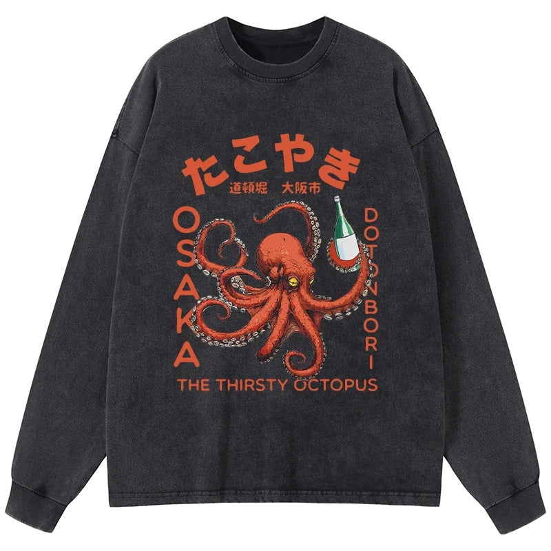 Magmoo Octopus Drinks Soju Washed Long Sleeve T-Shirt