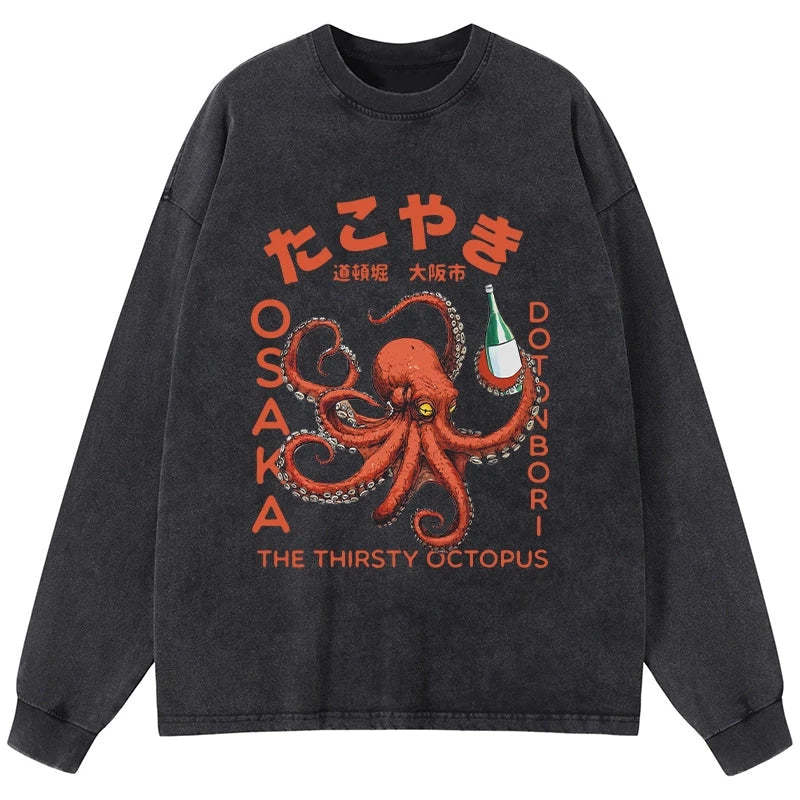 Magmoo Octopus Drinks Soju Washed Long Sleeve T-Shirt