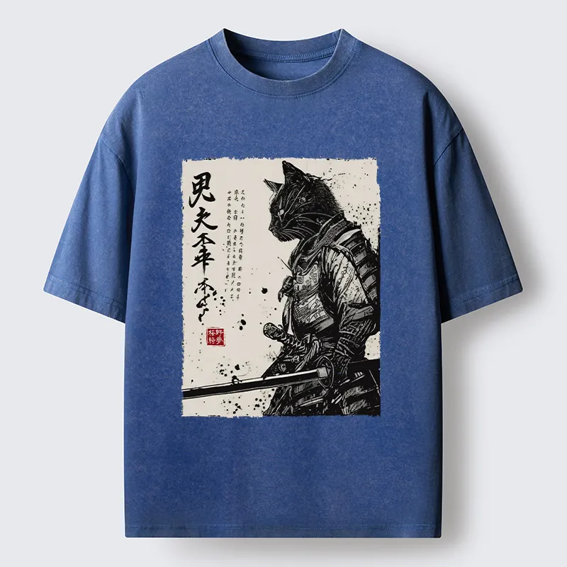 Magmoo Japanese Samurai Cat Funny Washed T-Shirt